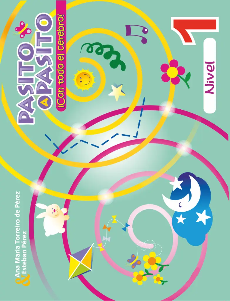 Pasito a Pasito con todo el cerebro 1', mostrando imágenes divertidas y amigables de niños aprendiendo y jugando.