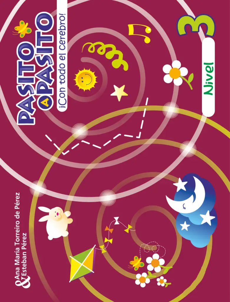 Pasito a Pasito con todo el cerebro 3, mostrando imágenes divertidas y amigables de niños aprendiendo y jugando.