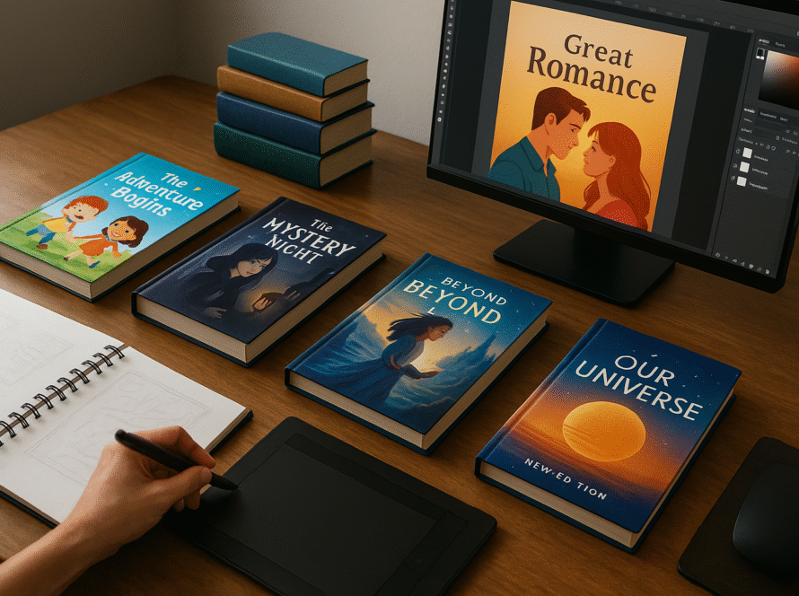 Diseñador trabajando en la creación de portadas de libros con ilustraciones digitales y libros impresos sobre la mesa, representando el servicio de diseño de portada de Editorial Grupo J3V