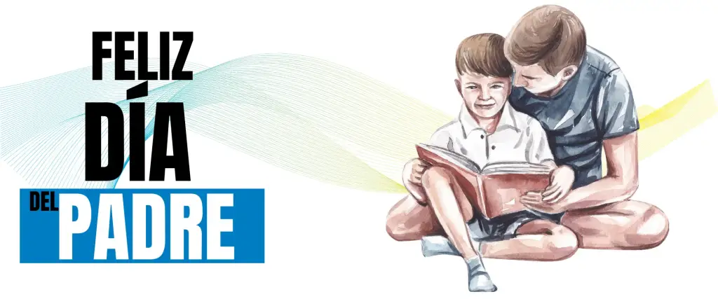 Un padre sonriente leyendo un libro a su hijo pequeño, fomentando el amor por la lectura.