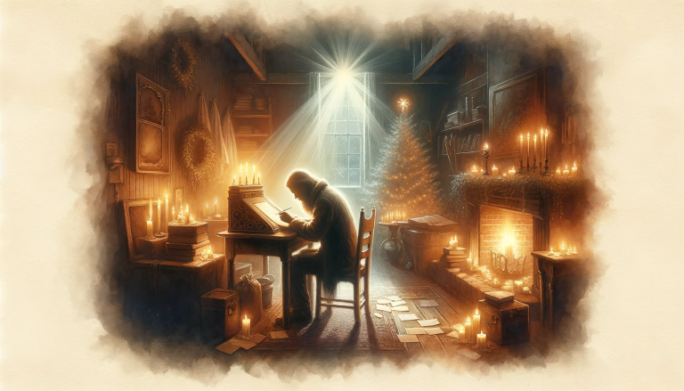 Persona escribiendo una carta en un ambiente navideño acogedor, reflejando la tradición espiritual de la Navidad