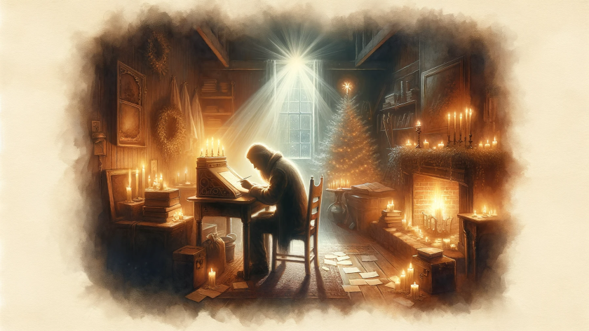Persona escribiendo una carta en un ambiente navideño acogedor, reflejando la tradición espiritual de la Navidad