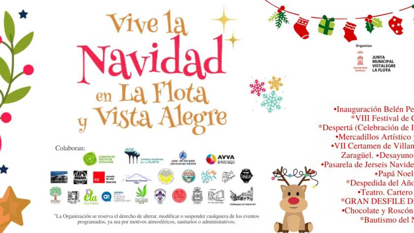Cartel de Vive la Navidad en La Flota y Vista Alegre con programación del 12 de diciembre al 12 de enero.