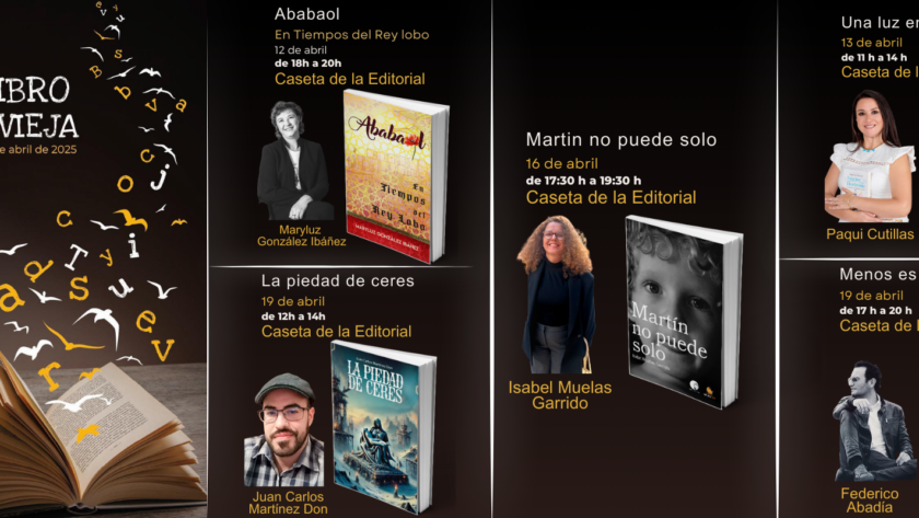 Cartel de la Feria del Libro de Torrevieja 2025 con libro abierto y letras volando