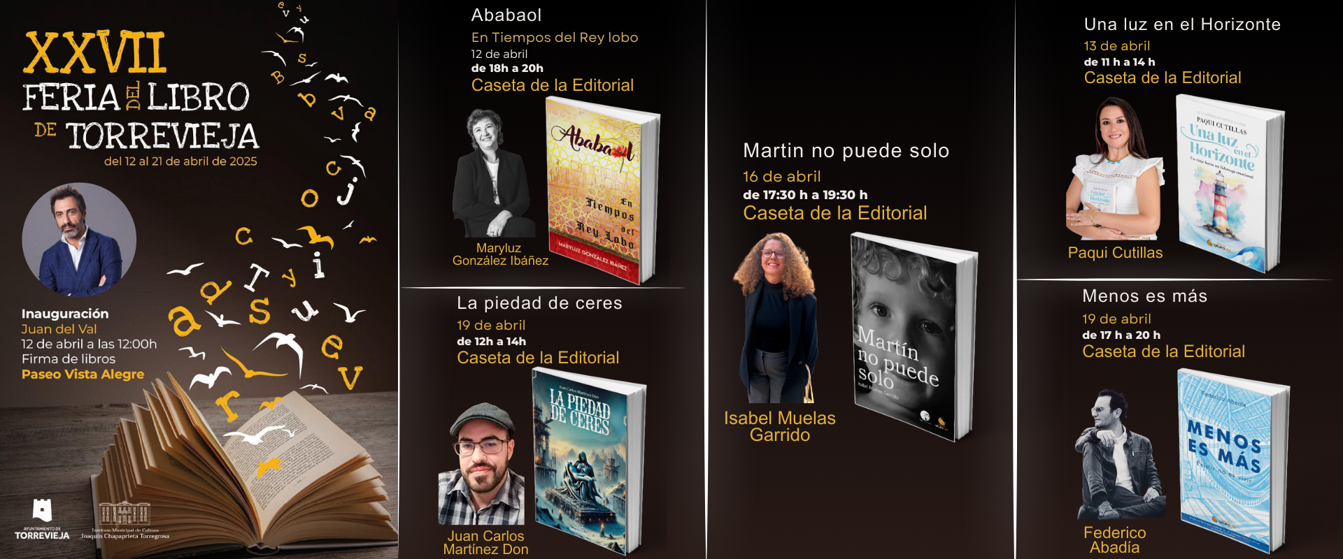 Cartel de la Feria del Libro de Torrevieja 2025 con libro abierto y letras volando