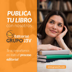 Imagen de una mujer sonriente con libros en las manos y el mensaje “Publica tu libro con nosotros” de Grupo J3V