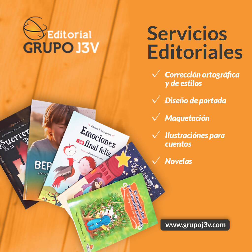Imagen promocional con libros publicados y lista de servicios editoriales de la Editorial Grupo J3V