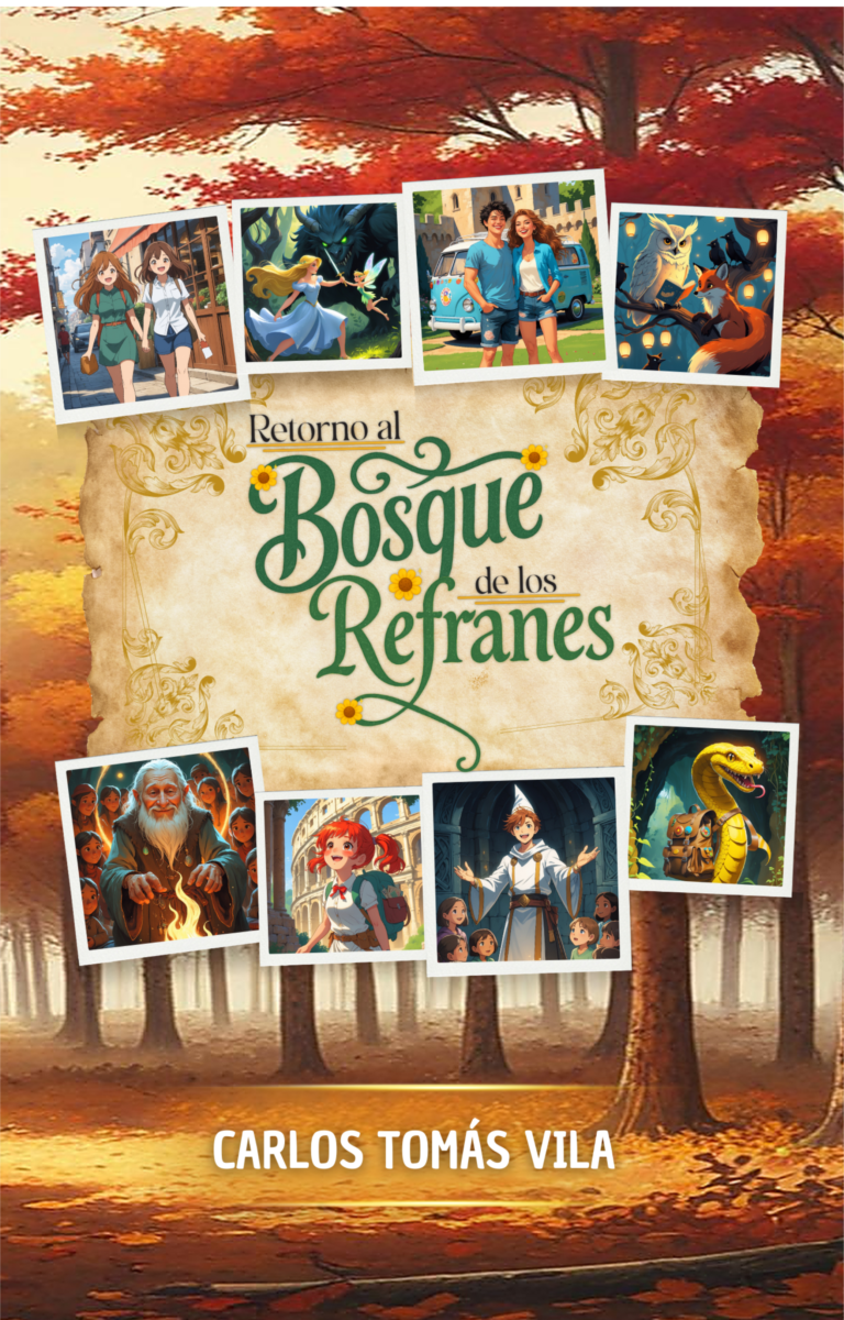Portada del libro Retorno al bosque de los refranes Tomo II de Carlos Tomás Vila, libro infantil educativo basado en refranes