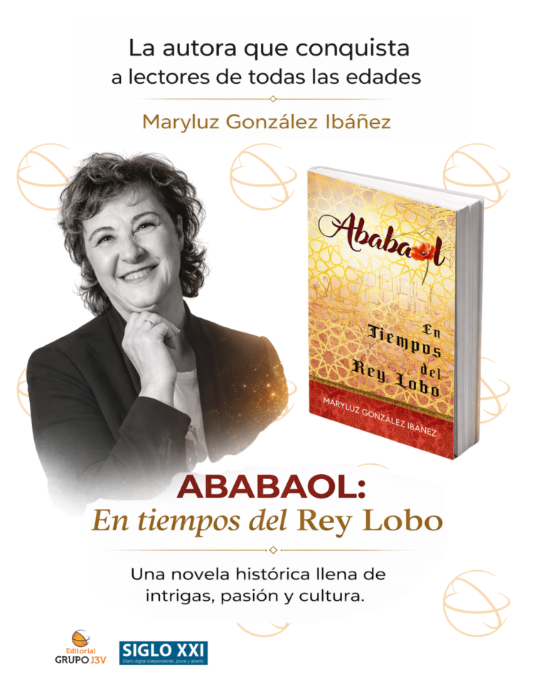La autora Maryluz González Ibáñez posando sonriente con su novela histórica «Ababaol», destacada en un reportaje del periódico Diario Siglo XXI.