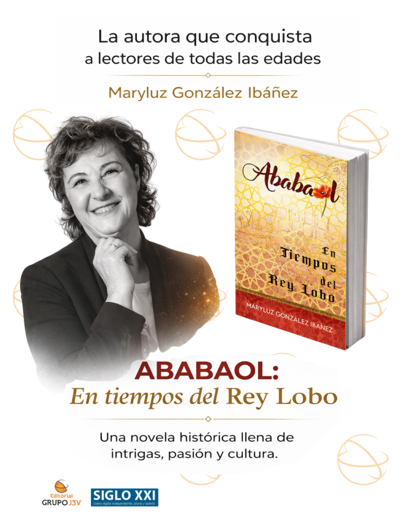 La autora Maryluz González Ibáñez posando sonriente con su novela histórica «Ababaol», destacada en un reportaje del periódico Diario Siglo XXI.