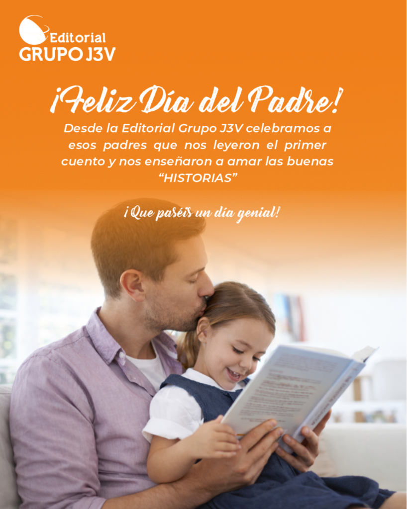 Padre dando un beso en la frente a su hija pequeña mientras ambos sonríen y leen un cuento juntos en el sofá. Un homenaje al Día del Padre de la Editorial Grupo J3V.