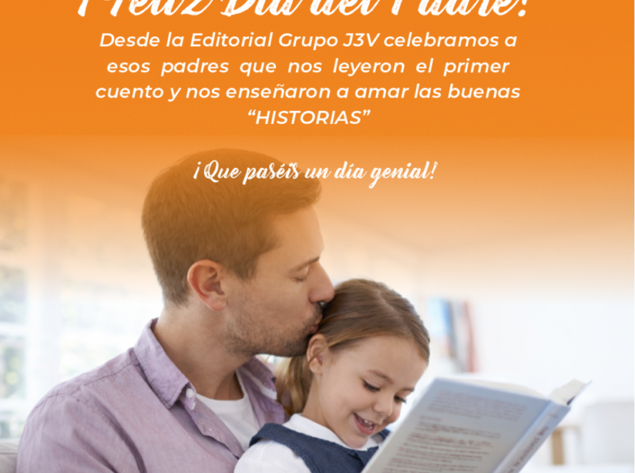 Padre dando un beso en la frente a su hija pequeña mientras ambos sonríen y leen un cuento juntos en el sofá. Un homenaje al Día del Padre de la Editorial Grupo J3V.