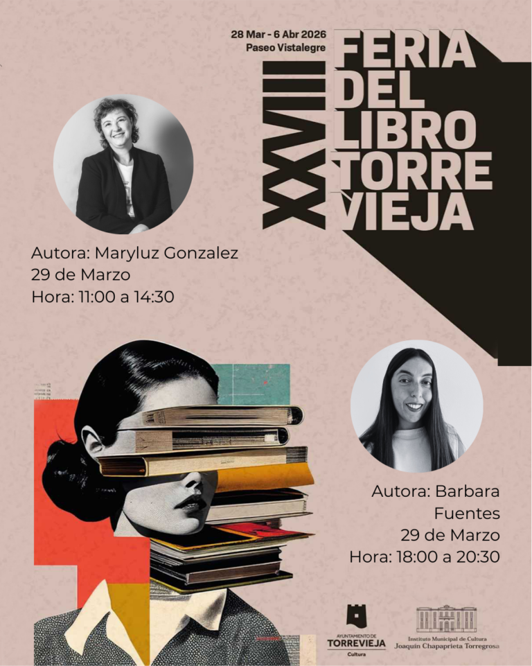 Cartel oficial de la XXVIII Feria del Libro de Torrevieja con información de la Editorial GrupoJ3V y firmas de autoras.
