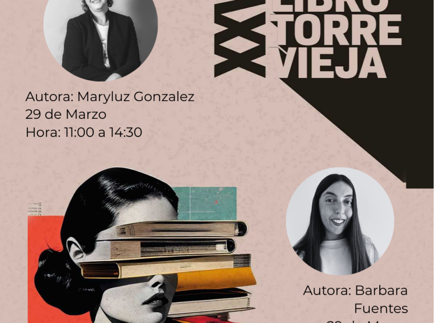 Cartel oficial de la XXVIII Feria del Libro de Torrevieja con información de la Editorial GrupoJ3V y firmas de autoras.