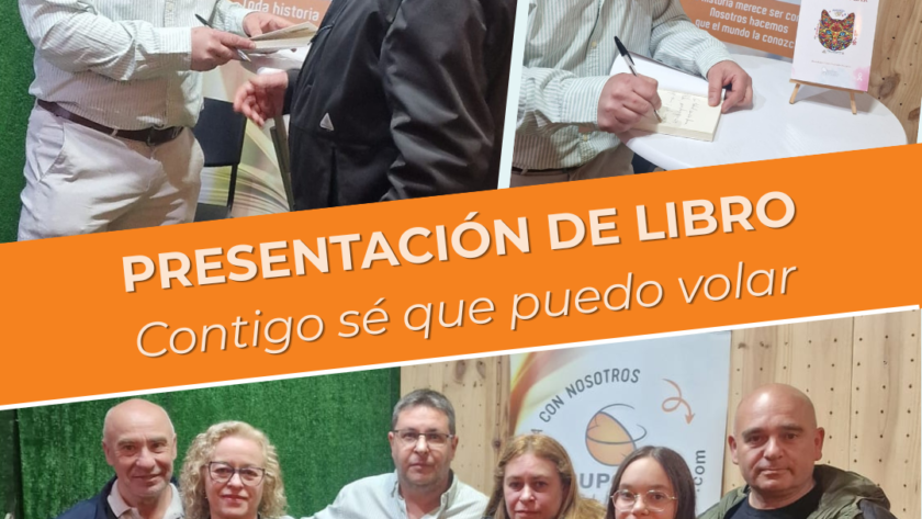 El autor Bartolomé Guirado firmando ejemplares de su libro Contigo sé que puedo volar y posando con lectores durante su presentación en Lemon Book and Coffe, Murcia, junto a la Editorial Grupo J3V.