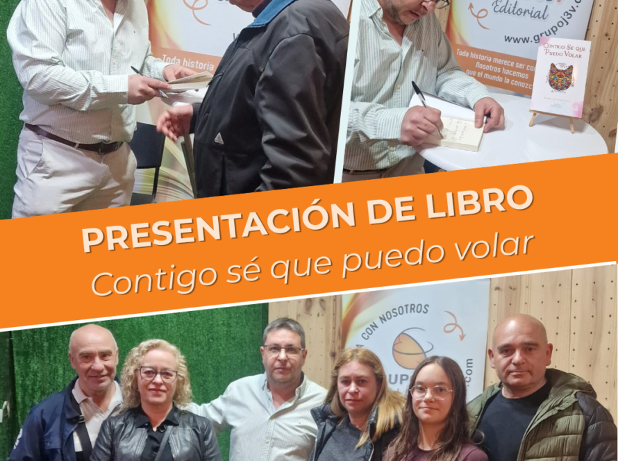 El autor Bartolomé Guirado firmando ejemplares de su libro Contigo sé que puedo volar y posando con lectores durante su presentación en Lemon Book and Coffe, Murcia, junto a la Editorial Grupo J3V.