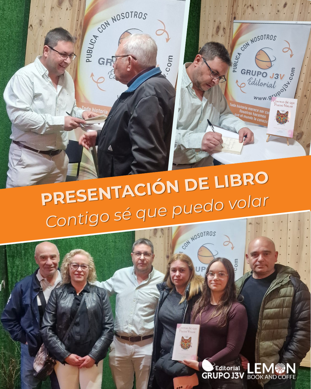 El autor Bartolomé Guirado firmando ejemplares de su libro Contigo sé que puedo volar y posando con lectores durante su presentación en Lemon Book and Coffe, Murcia, junto a la Editorial Grupo J3V.