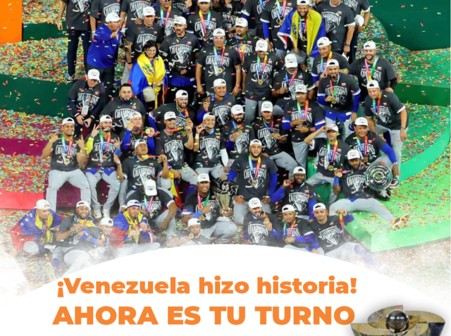 Jugadores de la selección de béisbol de Venezuela celebrando con el trofeo del Mundial 2026 junto a un libro de la editorial Grupo J3V.