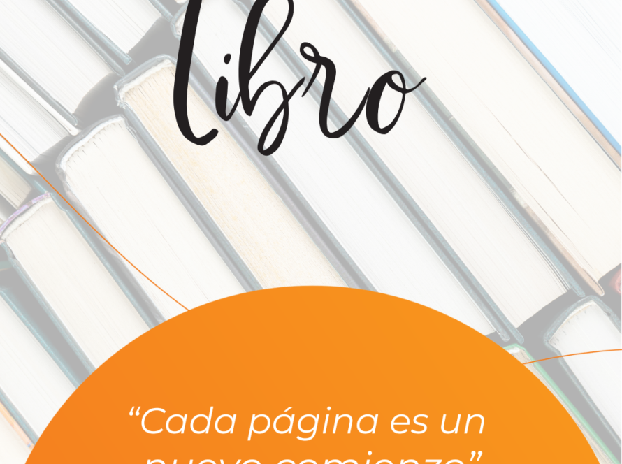 Poster flood of book spines with the bold text 'FELIZ DÍA DEL libro' and an orange arc displaying the quote 'Cada página es un nuevo comienzo' plus the Editorial GRUPO J3V logo.