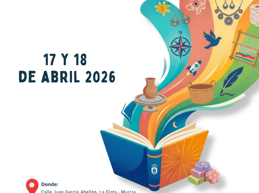 Cartel oficial de la II Feria del Libro y Mercadillo Artesanal La Flota en Murcia, mostrando un libro abierto del que brotan ilustraciones de artesanía y literatura.