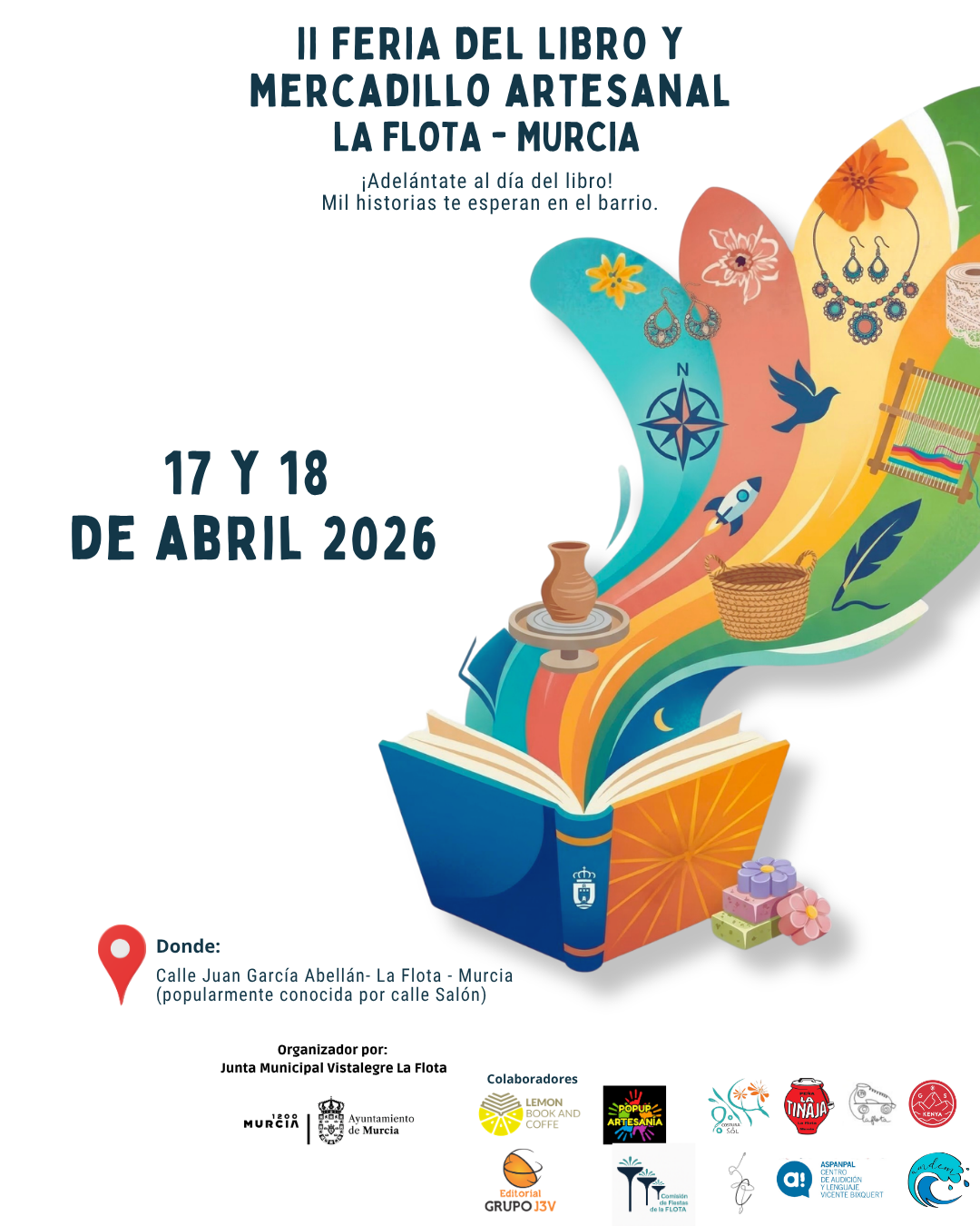 Cartel oficial de la II Feria del Libro y Mercadillo Artesanal La Flota en Murcia, mostrando un libro abierto del que brotan ilustraciones de artesanía y literatura.