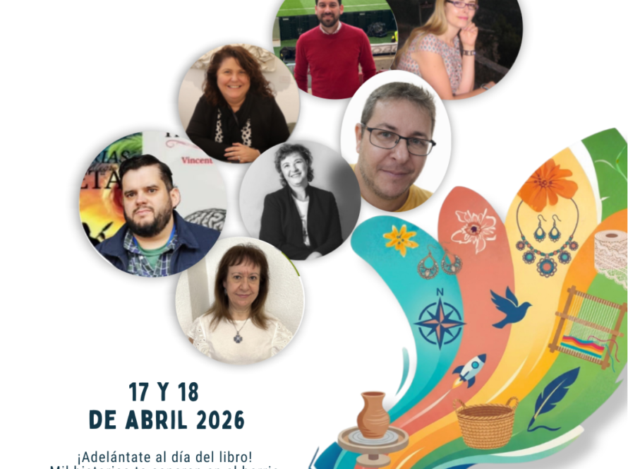 Cartel promocional de la II Feria del Libro y Mercadillo Artesanal de La Flota en Murcia, mostrando a los siete autores de la Editorial Grupo J3V que realizarán firmas de libros.