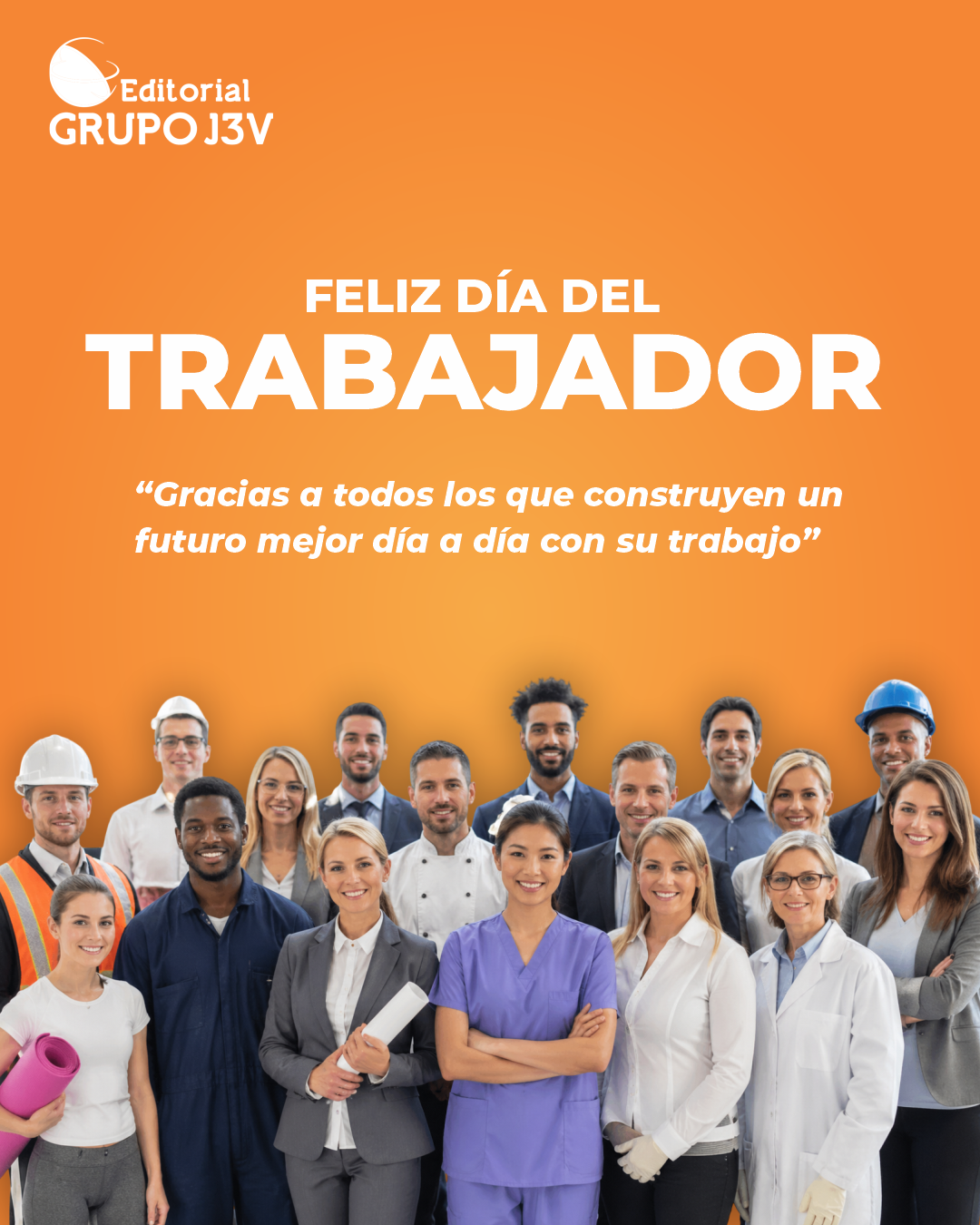 Equipo de Editorial Grupo J3V celebrando el Día Internacional del Trabajador con libros y herramientas digitales.