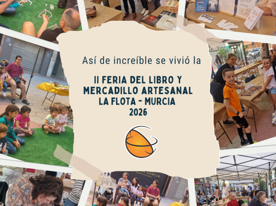 Collage de fotos de la II Feria del Libro y Mercadillo Artesanal en La Flota, Murcia, mostrando familias, niños jugando en el césped, autores firmando libros y puestos de artesanía al aire libre.