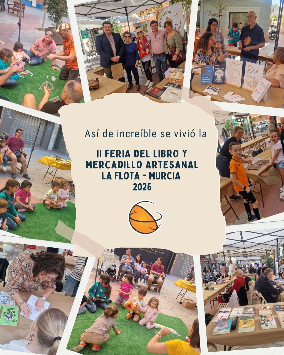 Collage de fotos de la II Feria del Libro y Mercadillo Artesanal en La Flota, Murcia, mostrando familias, niños jugando en el césped, autores firmando libros y puestos de artesanía al aire libre.