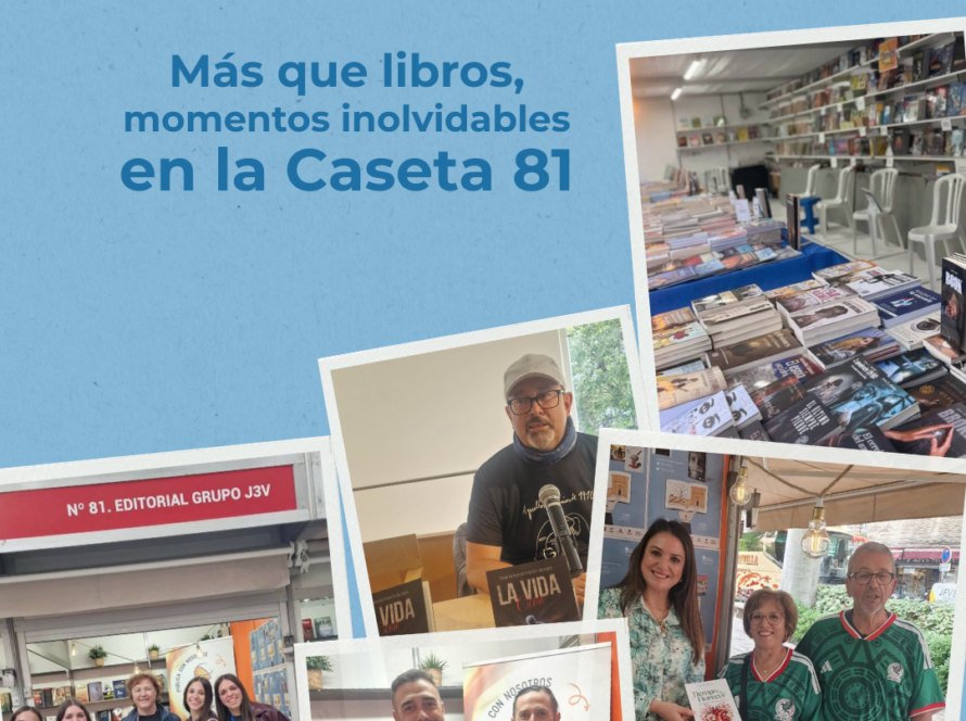 Collage de momentos inolvidables de los autores de Editorial Grupo J3V en la Caseta 81 durante la Feria del Libro de Granada 2026.