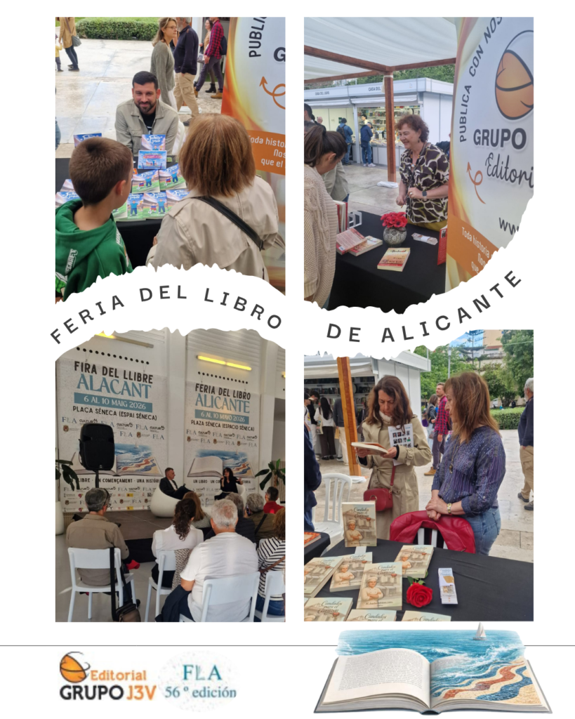 Collage de fotos de la participación de Editorial Grupo J3V en la 56ª Feria del Libro de Alicante, mostrando firmas de libros, autores y público en el stand.