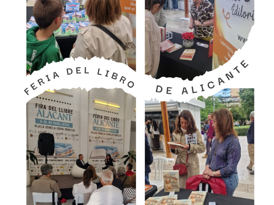 Collage de fotos de la participación de Editorial Grupo J3V en la 56ª Feria del Libro de Alicante, mostrando firmas de libros, autores y público en el stand.
