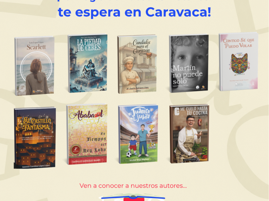 Cartel promocional de la participación de Editorial Grupo J3V en la Feria del Libro de Caravaca de la Cruz, invitando a conocer a sus autores.