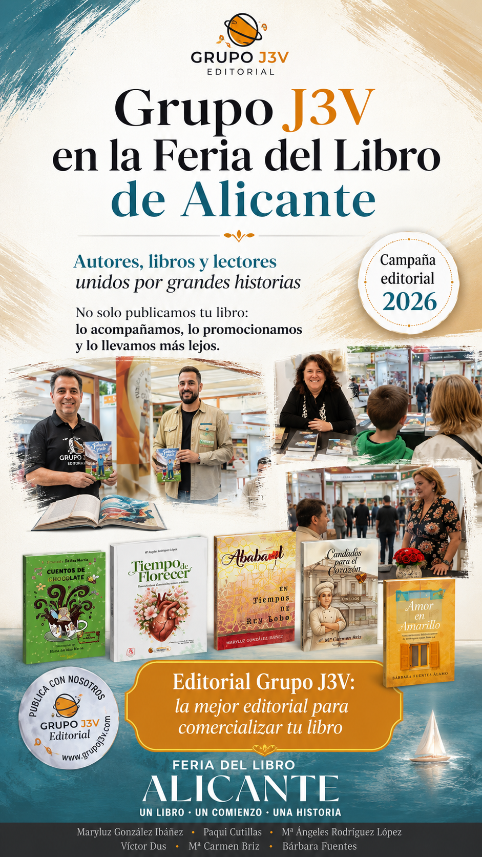 Autores de Editorial Grupo J3V participando en la Feria del Libro de Alicante con sus libros en la caseta 14