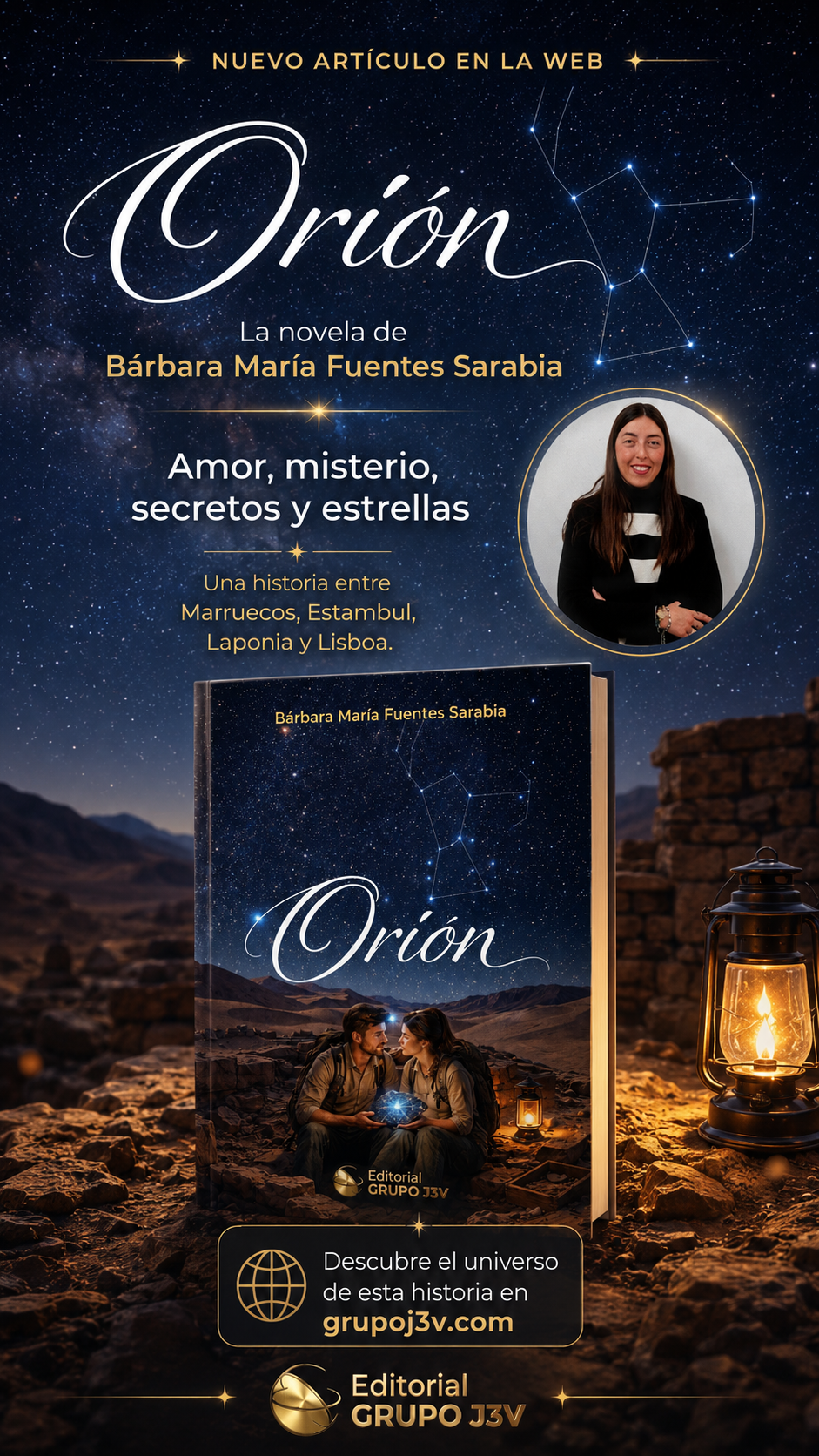 Imagen promocional de Orión, novela de Bárbara Fuentes publicada por Grupo J3V