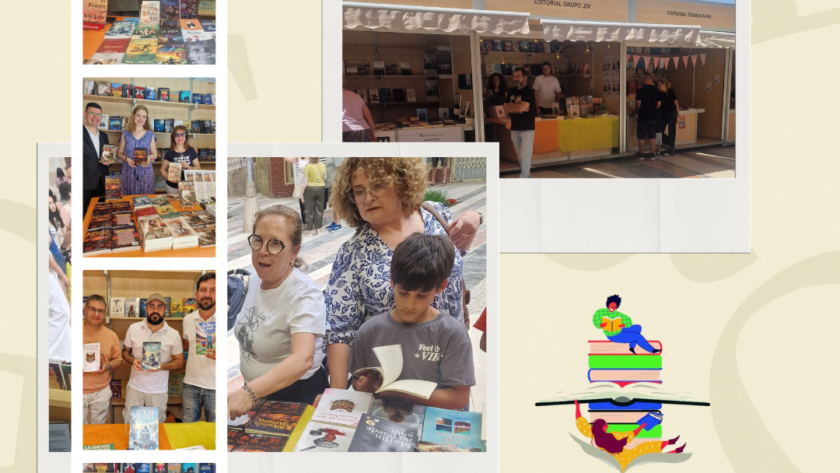 Resumen fotográfico del éxito de Editorial Grupo J3V en la Feria del Libro de Caravaca de la Cruz 2026, mostrando firmas de autores con lectores, la caseta del evento y logotipos organizadores.