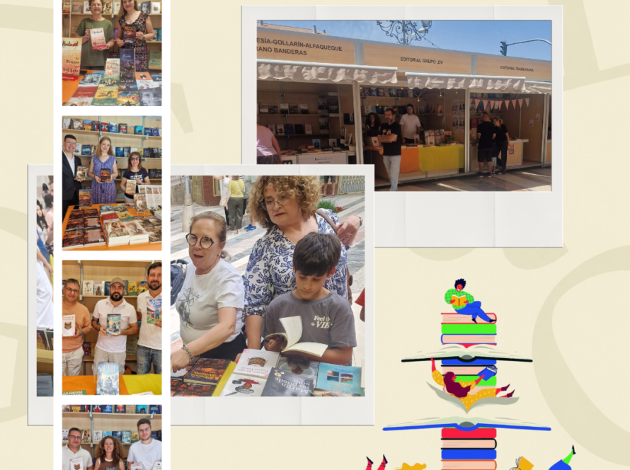 Resumen fotográfico del éxito de Editorial Grupo J3V en la Feria del Libro de Caravaca de la Cruz 2026, mostrando firmas de autores con lectores, la caseta del evento y logotipos organizadores.