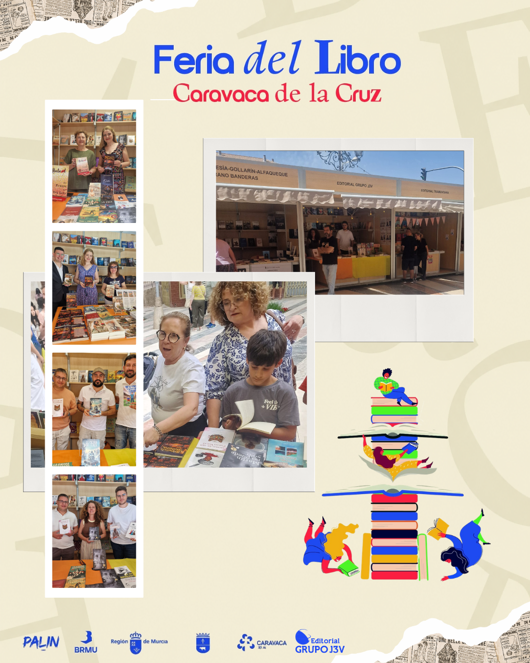 Resumen fotográfico del éxito de Editorial Grupo J3V en la Feria del Libro de Caravaca de la Cruz 2026, mostrando firmas de autores con lectores, la caseta del evento y logotipos organizadores.