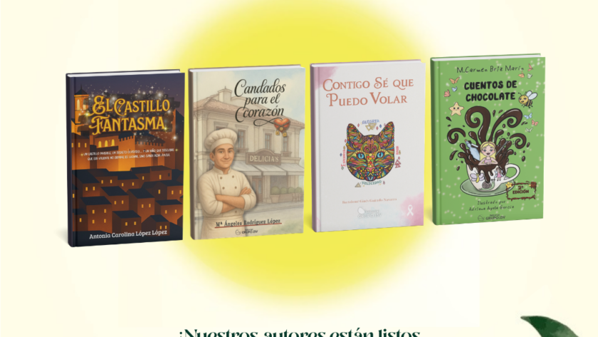 Cartel del evento literario Entre Libros y Vecinos mostrando las portadas de los cuatro libros de los autores de la Editorial Grupo J3V y el lema "¡Nuestros autores están listos para inspirarte!