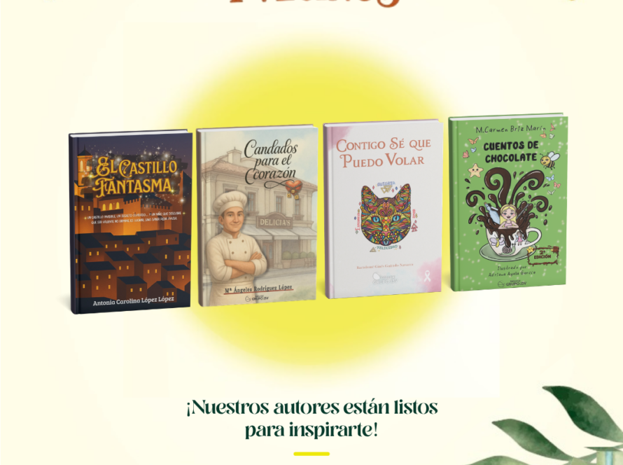 Cartel del evento literario Entre Libros y Vecinos mostrando las portadas de los cuatro libros de los autores de la Editorial Grupo J3V y el lema "¡Nuestros autores están listos para inspirarte!