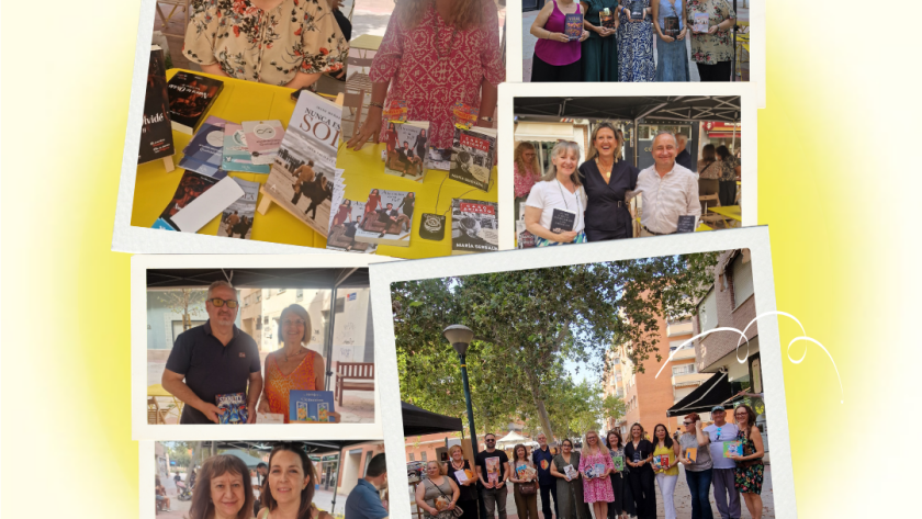 Collage fotográfico con los autores de la Editorial Grupo J3V y lectores sonriendo y mostrando sus libros durante el evento al aire libre Entre Libros y Vecinos.