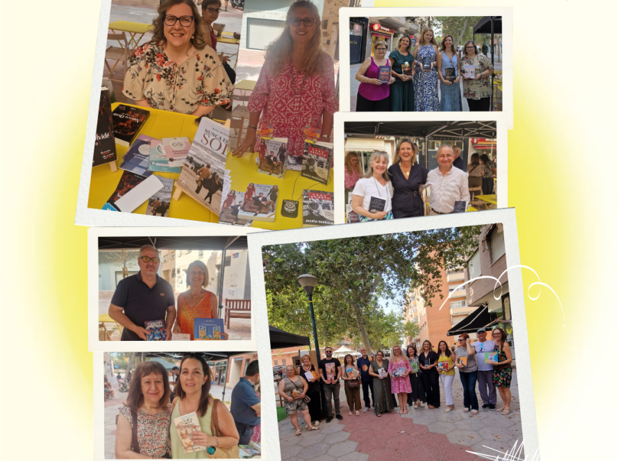Collage fotográfico con los autores de la Editorial Grupo J3V y lectores sonriendo y mostrando sus libros durante el evento al aire libre Entre Libros y Vecinos.