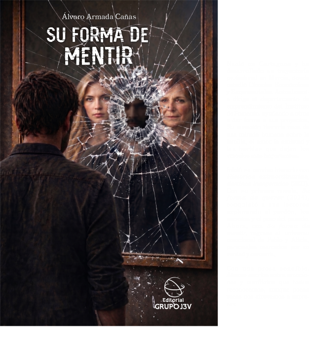 Man wearing a brown jacket stands before a cracked mirror, reflection showing two women’s faces; title 'SU FORMA DE MENTIR' above the glass.