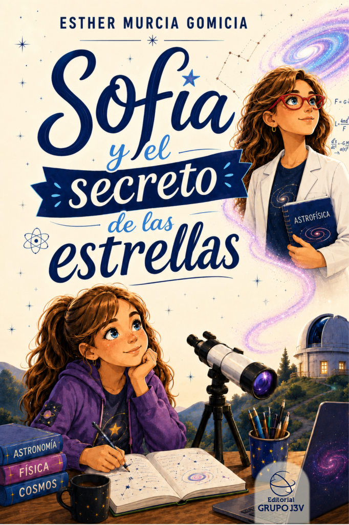 Ilustración de la joven Sofía observando maravillada un cielo nocturno estrellado junto a su telescopio y elementos del cosmos.