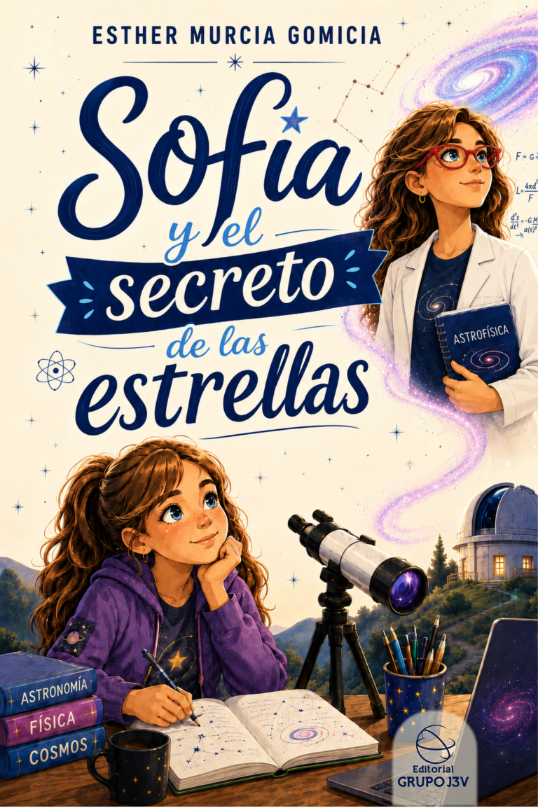 Ilustración de la joven Sofía observando maravillada un cielo nocturno estrellado junto a su telescopio y elementos del cosmos.