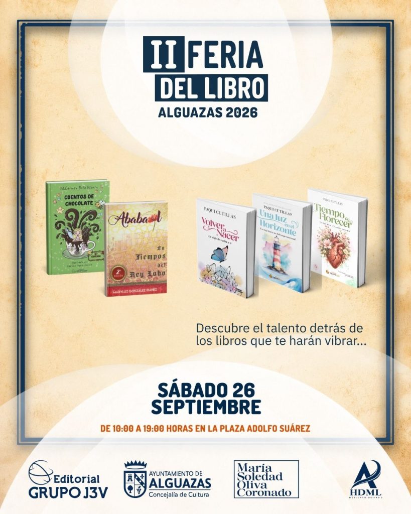 Cartel oficial de la II Feria del Libro de Alguazas en la Plaza Adolfo Suárez con fecha 26 de septiembre e ilustración de lectores en puestos de libros.
