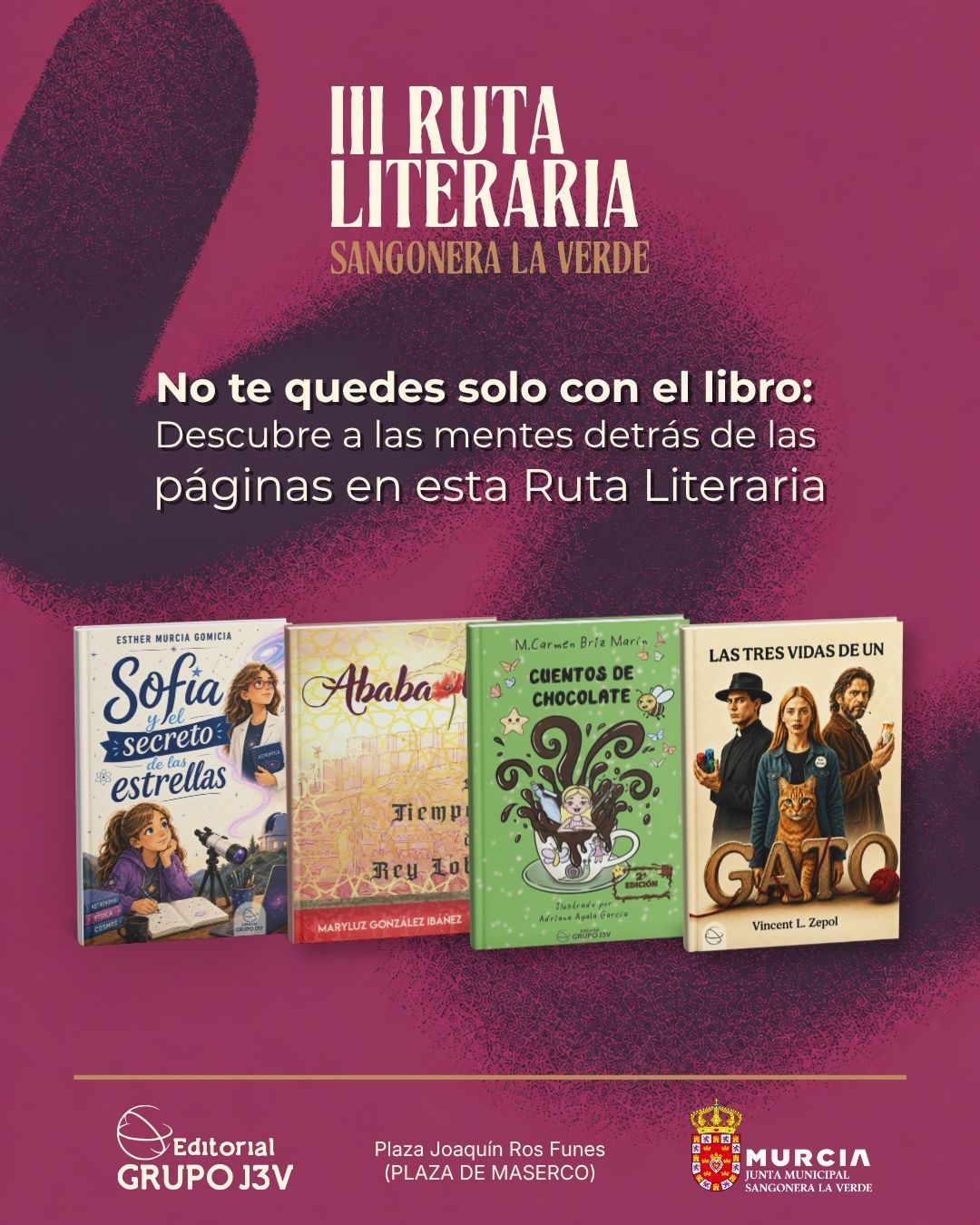 Cartel oficial de la III Ruta Literaria de Sangonera la Verde con fechas 26 y 27 de septiembre en la Plaza de Maserco